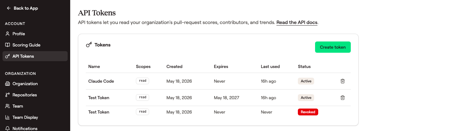 Settings → API Tokens page with a Create token button on the right, and a table of existing tokens showing columns Name, Scopes (read), Created, Expires, Last used, Status (Active or Revoked), and a trash-can revoke action