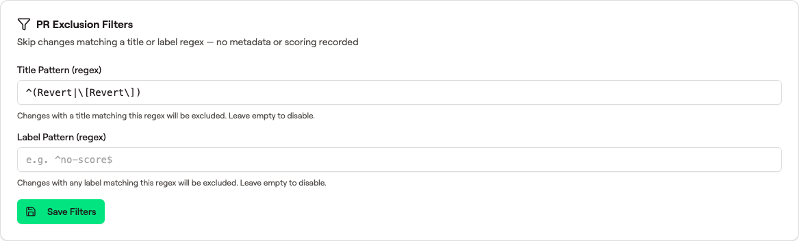 PR Exclusion Filters card with two regex inputs — Title Pattern set to ^(Revert|[Revert]) and an empty Label Pattern with placeholder text e.g. ^no-score$ — plus a Save Filters button