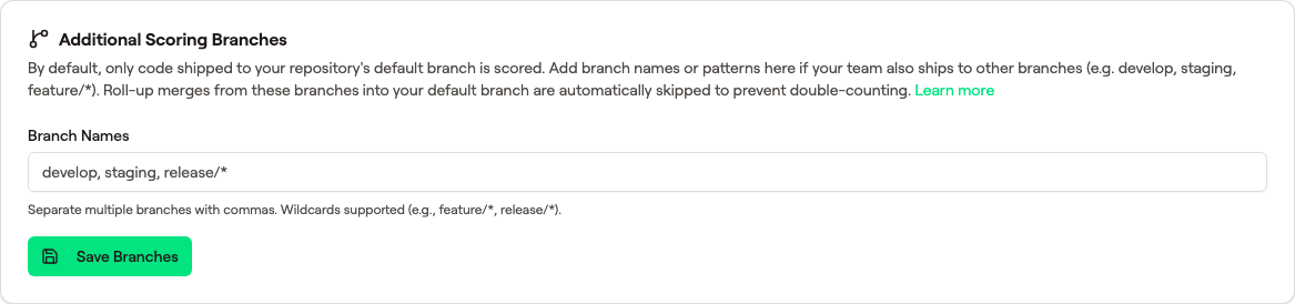 Additional Scoring Branches card with explanatory text, a Branch Names input containing the example value 'develop, staging, release/*', helper text about commas and wildcards, and a Save Branches button