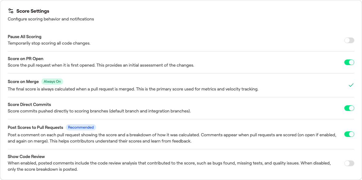 Score Settings card with six toggles — Pause All Scoring (off), Score on PR Open (on), Score on Merge (Always On), Score Direct Commits (on), Post Scores to Pull Requests (Recommended, on), Show Code Review (off)